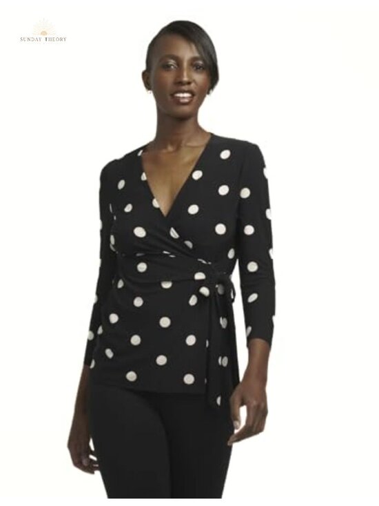 Tops - Faux Wrap V-Neck Blouse 3/4 Sleeve Polka Dot Women's Top
